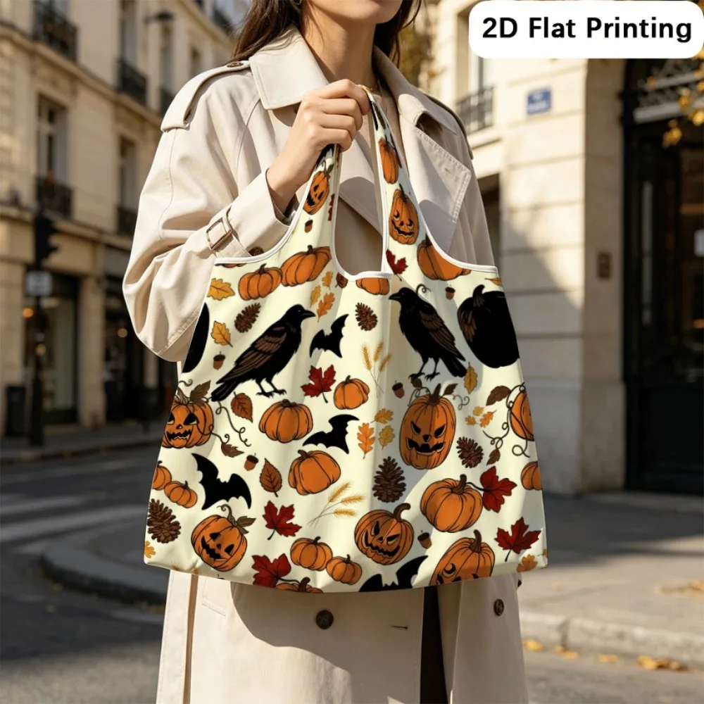 Crows watch jack-o-lanterns Foldable tote, multifunctional shoulder bag for shopping spree.
