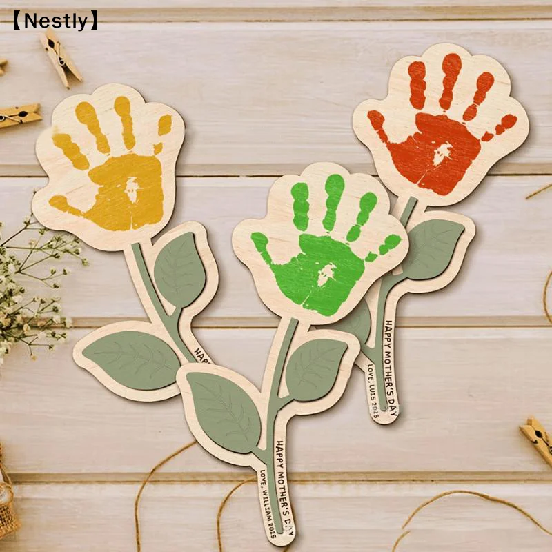 Handprint Wooden Flower Sign Blank DIY Painting Wood Plaque Keepsake Ornament For Mothers Day Holiday Home Decor Gifts〔Nest〕