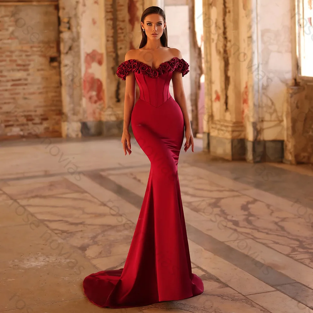 Vestidos de noite de alta qualidade fora do ombro cetim 3d flores sereia vestidos de noite com decote em v sem mangas trompete formal vestido de festa