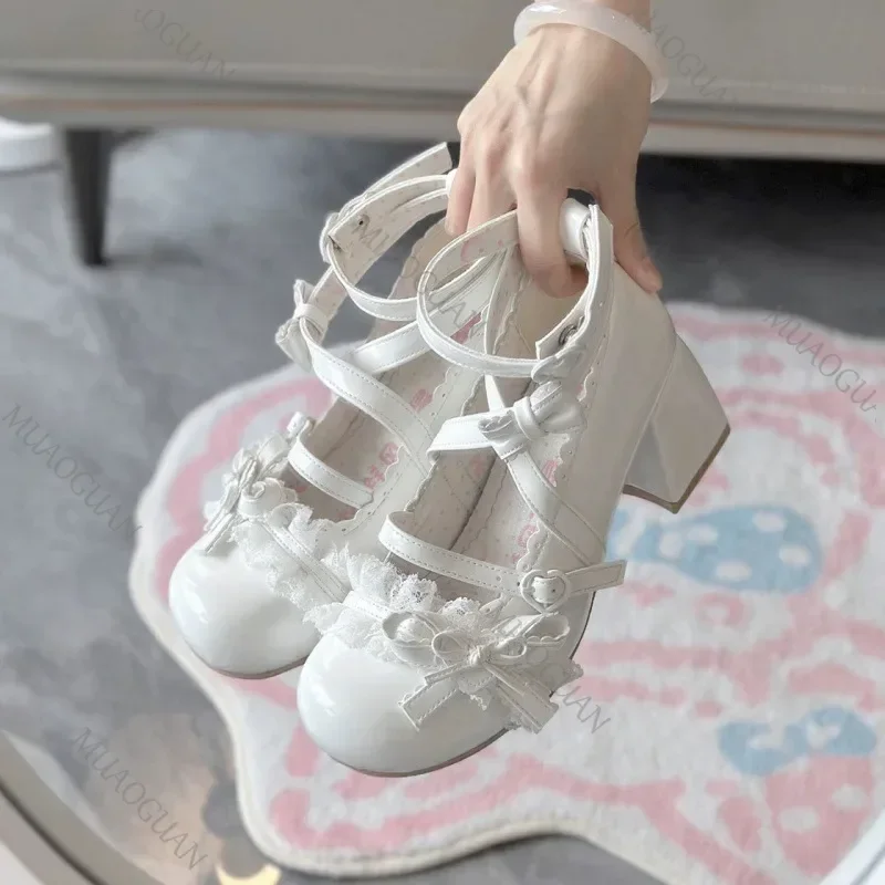 Zapatos Lolita Mary Jane 2025, nuevos zapatos de tacón alto con bonito lazo para mujer, zapatos individuales de tacón de princesa, zapatos de tacón de cuero para primavera y otoño
