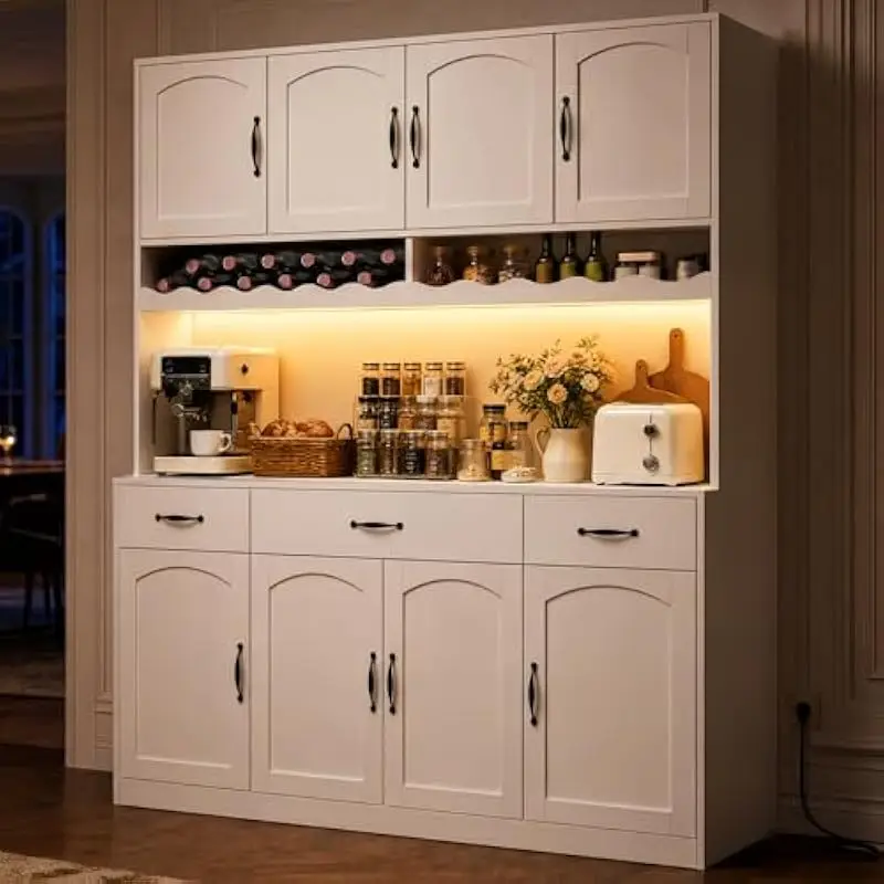 White 72-inch Tall Kitchen Storage Cabinet with 55-inch Countertop Hutch • Engineered Wood Construction • 6 Adjustable-Shelf Cab