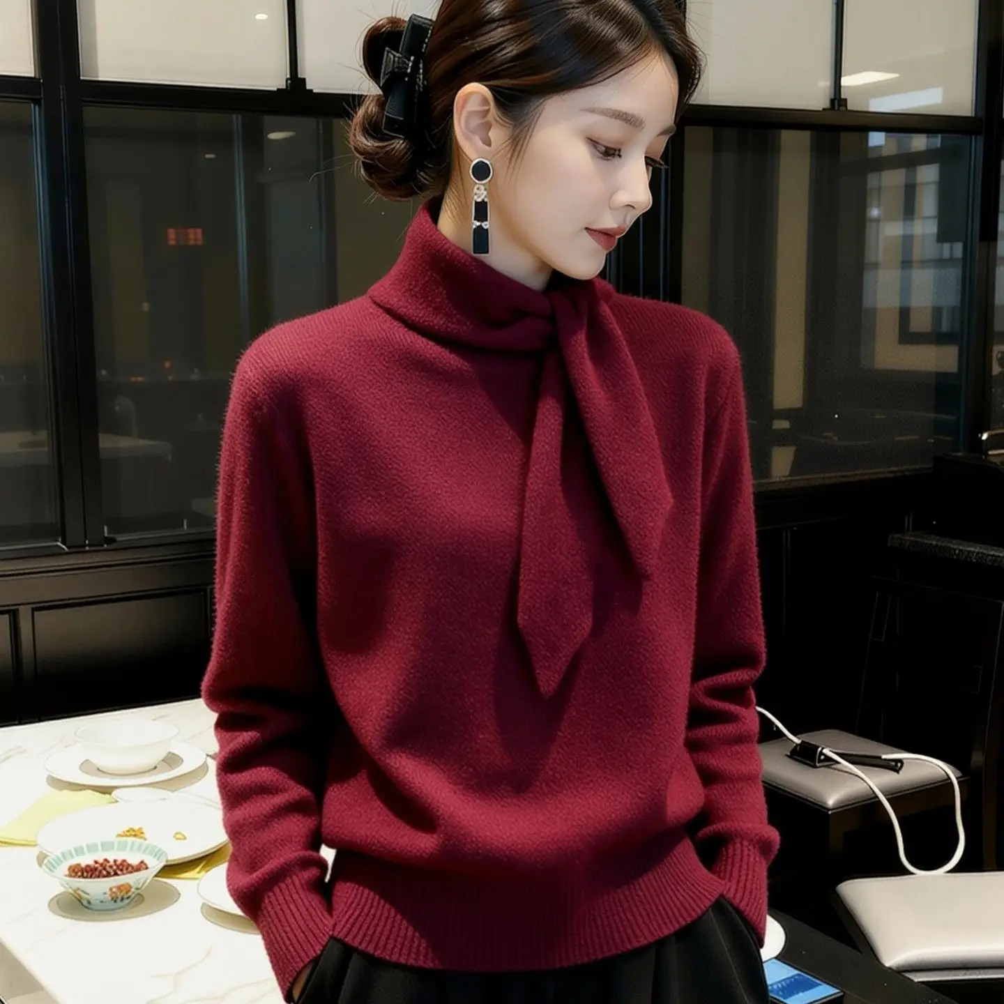 Elegant Slim Fit Knitted Base Layer Top Fashionable Soft Style Women's Long Sleeve High Collar  Color Knitwear