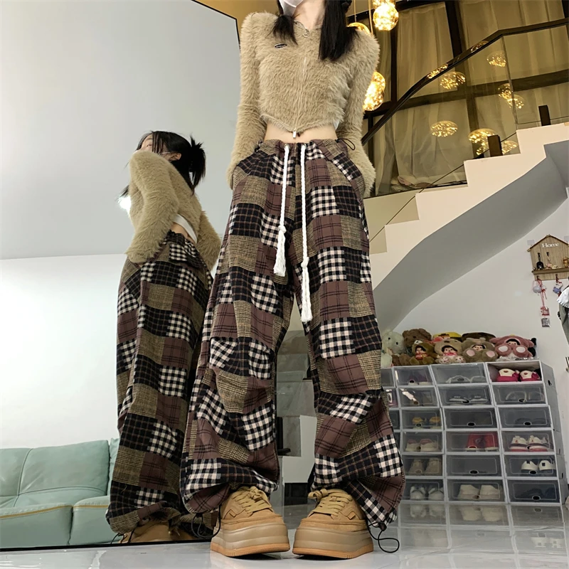 Women\'s plaid Y2k Baggy Cargo Pants Vintage Y2k Harajuku 90s Aesthetic Oversize Pants High Waist Trousers 2000s Fashion Clothes