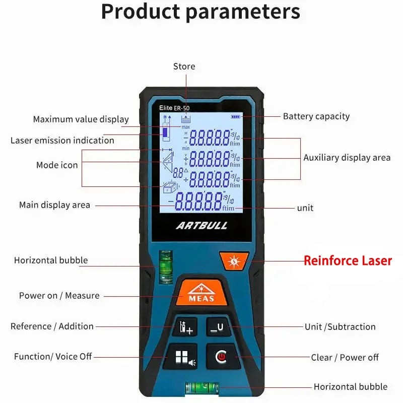 120m 50m Red Laser Distance Meter Rangefinder with Horizontal Laser Tape Measure