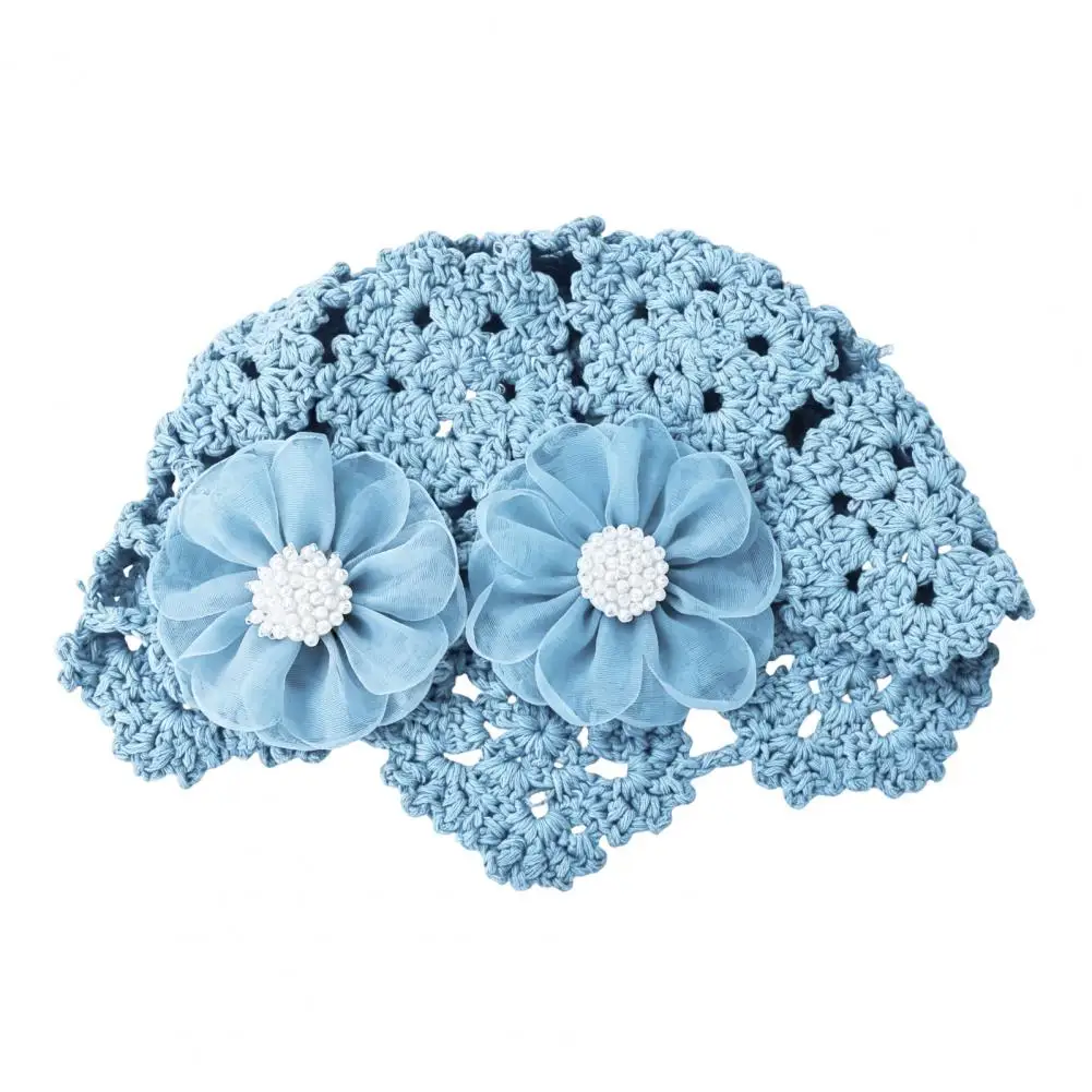 Floral Bucket Hat Knitted Bucket Hat with Breathable Hollow Crochet 3d Flower Embellishment Faux Pearl Stamens Summer Headwear