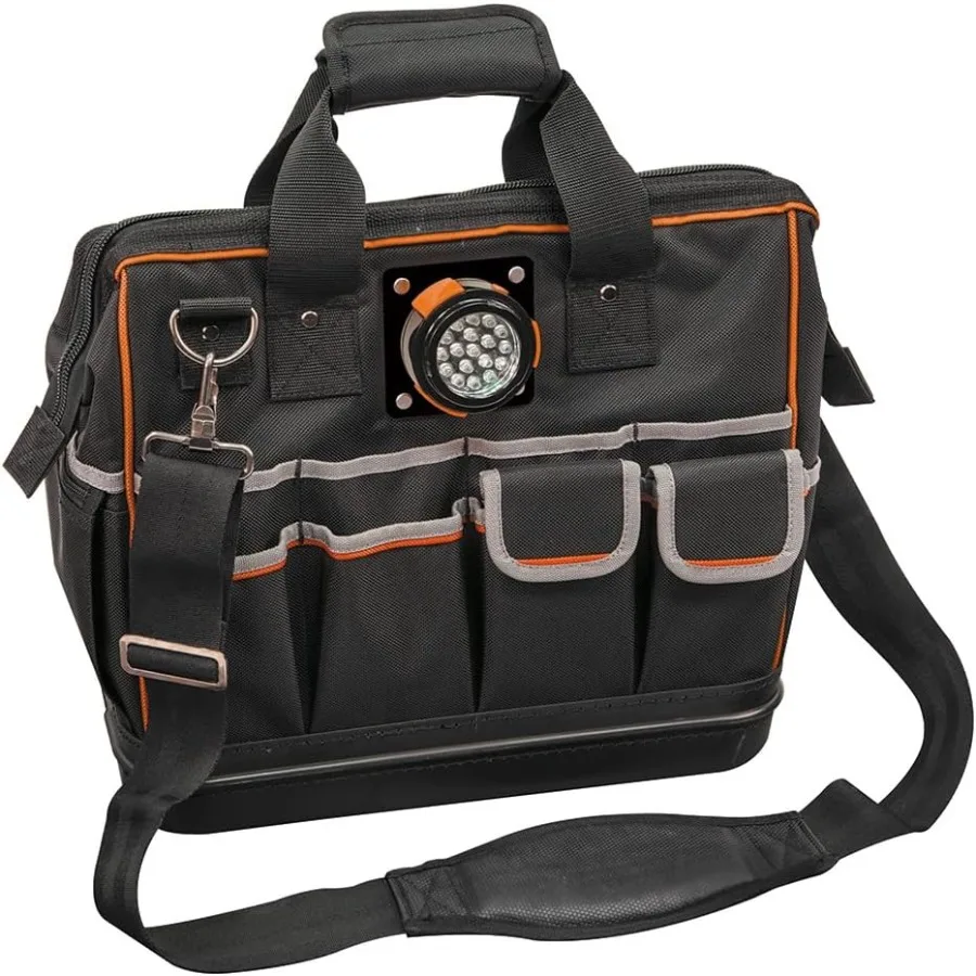 

55431 Tool Bag with Molded Bottom Padded Shoulder Strap and Lighted Tool Storage with 31 Pockets Black Durable Cons
