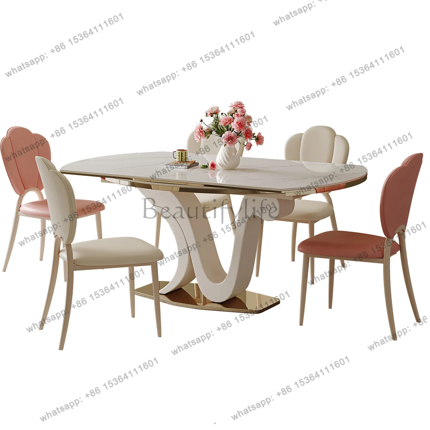 Cream wind rock slab rotating French simple retractable folding dining table variable round table