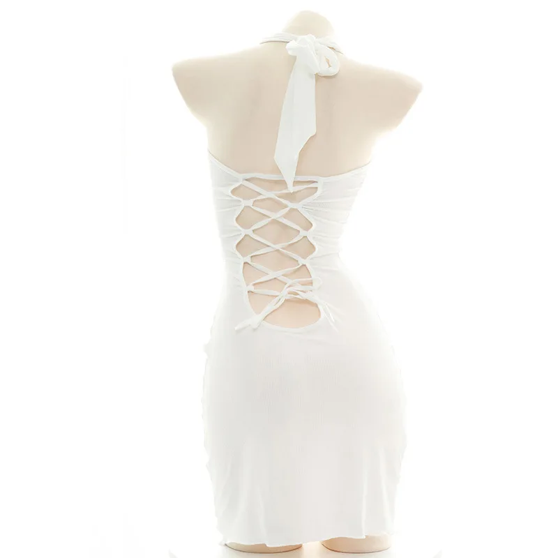 WOMENGAGA Sexy Lady Halter Neck Knitting Sweater Mini Dress Backless Bandage Maid Japan Kawaii Sweet Girl Female Hot Korean
