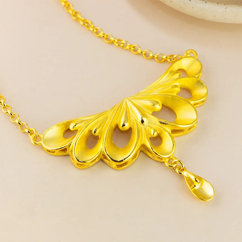 Luxury 24K 9999 Pure Gold real gold Hollow Peacock Tail Drop Necklace Women's Wedding Necklace