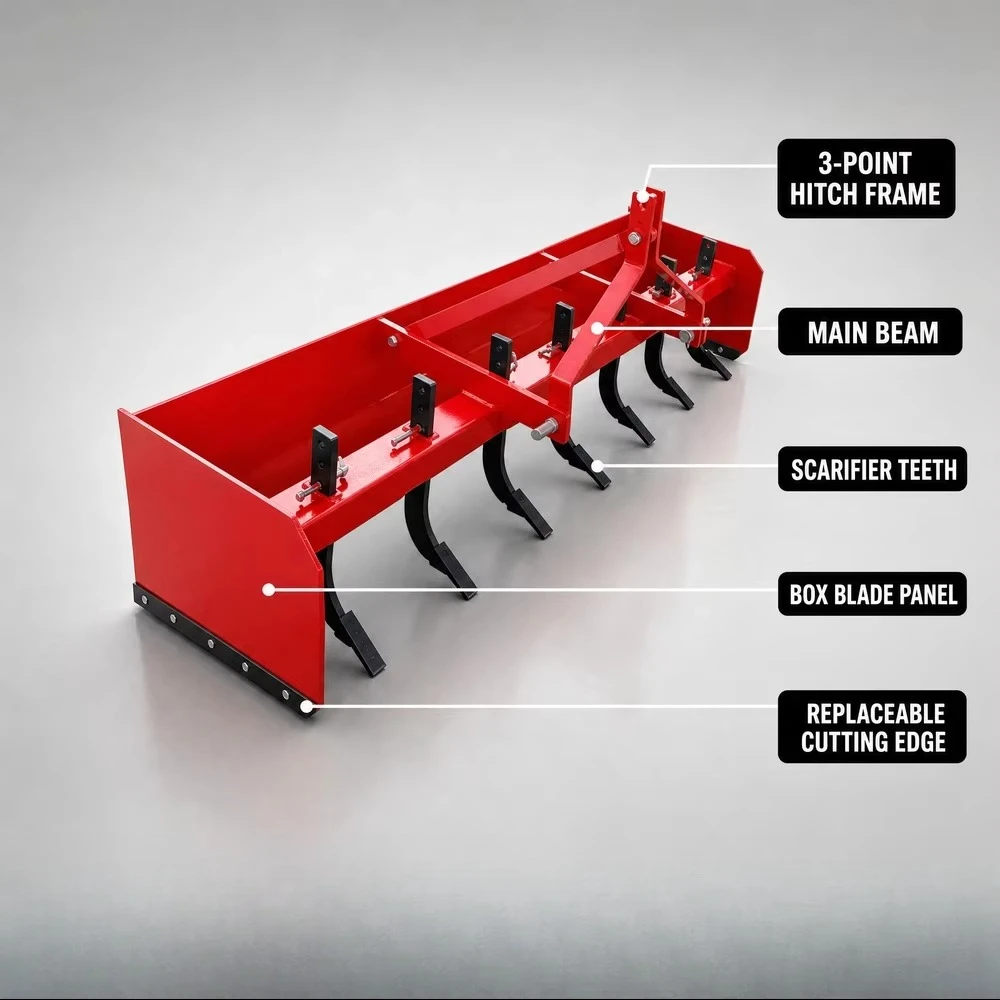 Box Blade 1200-2400mm Working Width 20-60HP Tractor 3-Point Hitch Scarifier Teeth Land Leveler Grader Road Building Snow Removal