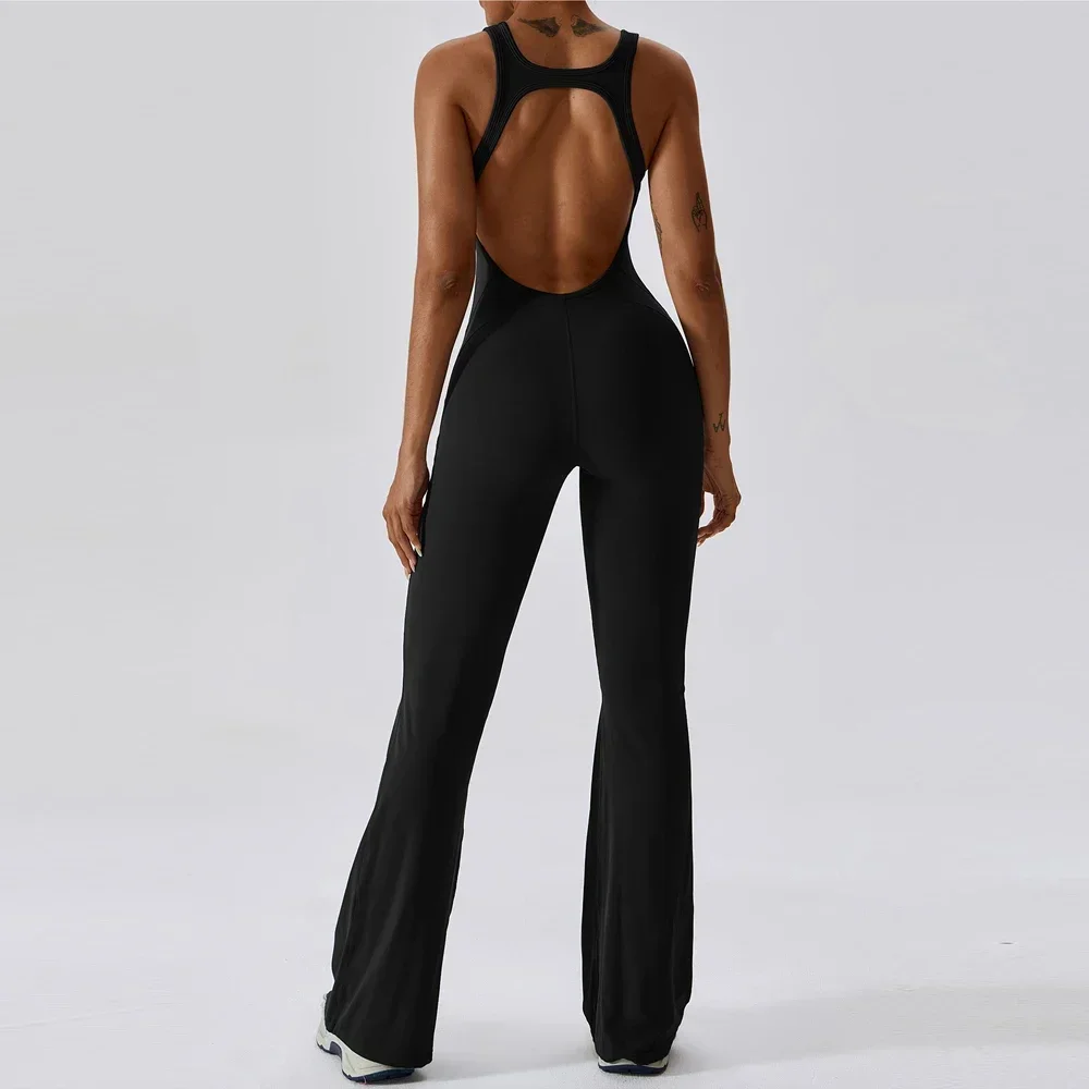 Fashion Hollow Backless Long Sport Flare Jumpsuits Women One Piece Fitness Overalls Black Brown Dance Jump Suit Women Gym Set