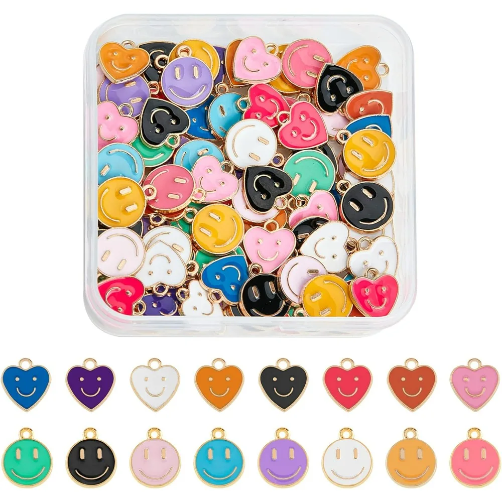 96Pcs 2 Styles Smile Face Charms Pendants Alloy Enamel Charms Happy Face Pendant 8 Colors Flat Roun Heart with Smiling Face