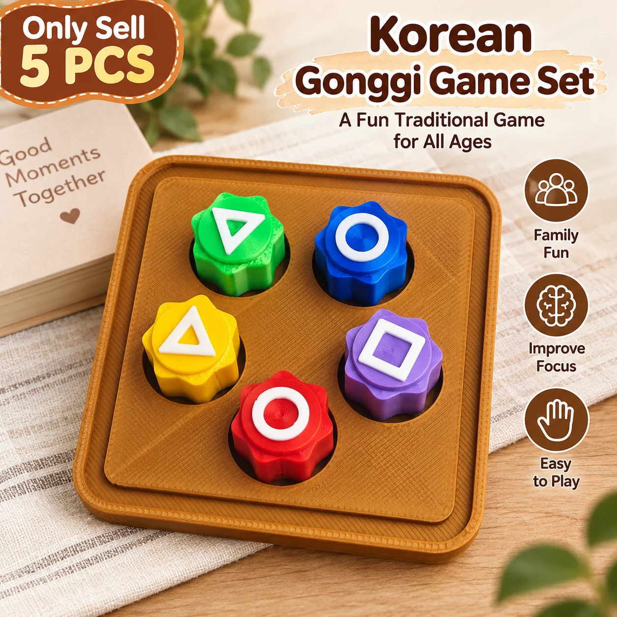 5Pcs Korean Gonggi Game Set, Traditional Style, Colorful Stones With Triangle Square Circle Symbols & Display Storage Tray