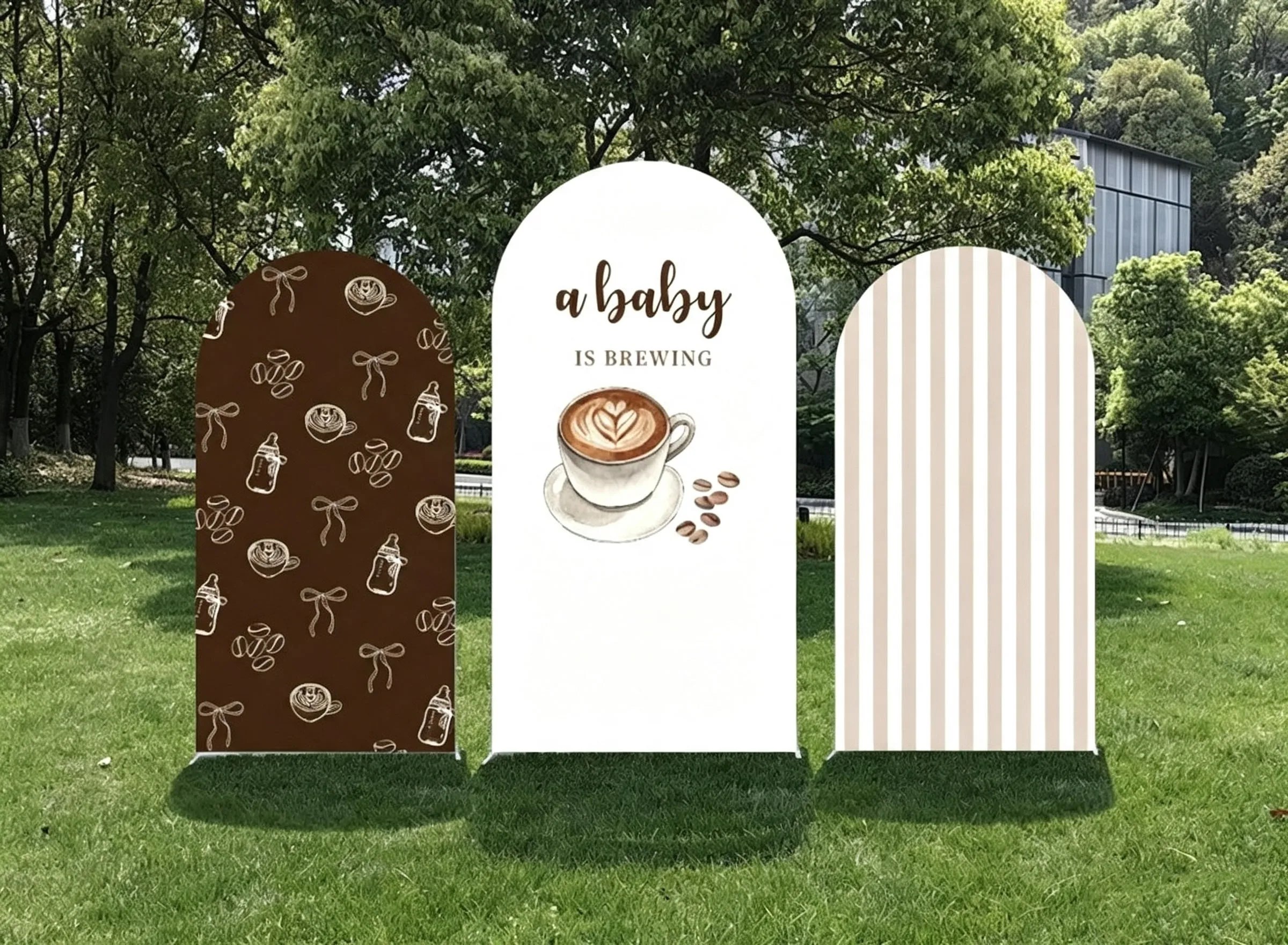 Custom Double-Sided Coffee Gender Reveal Baby Shower Arch Backdrop Cover Stripes Bow Birthday Party Photobooth Background