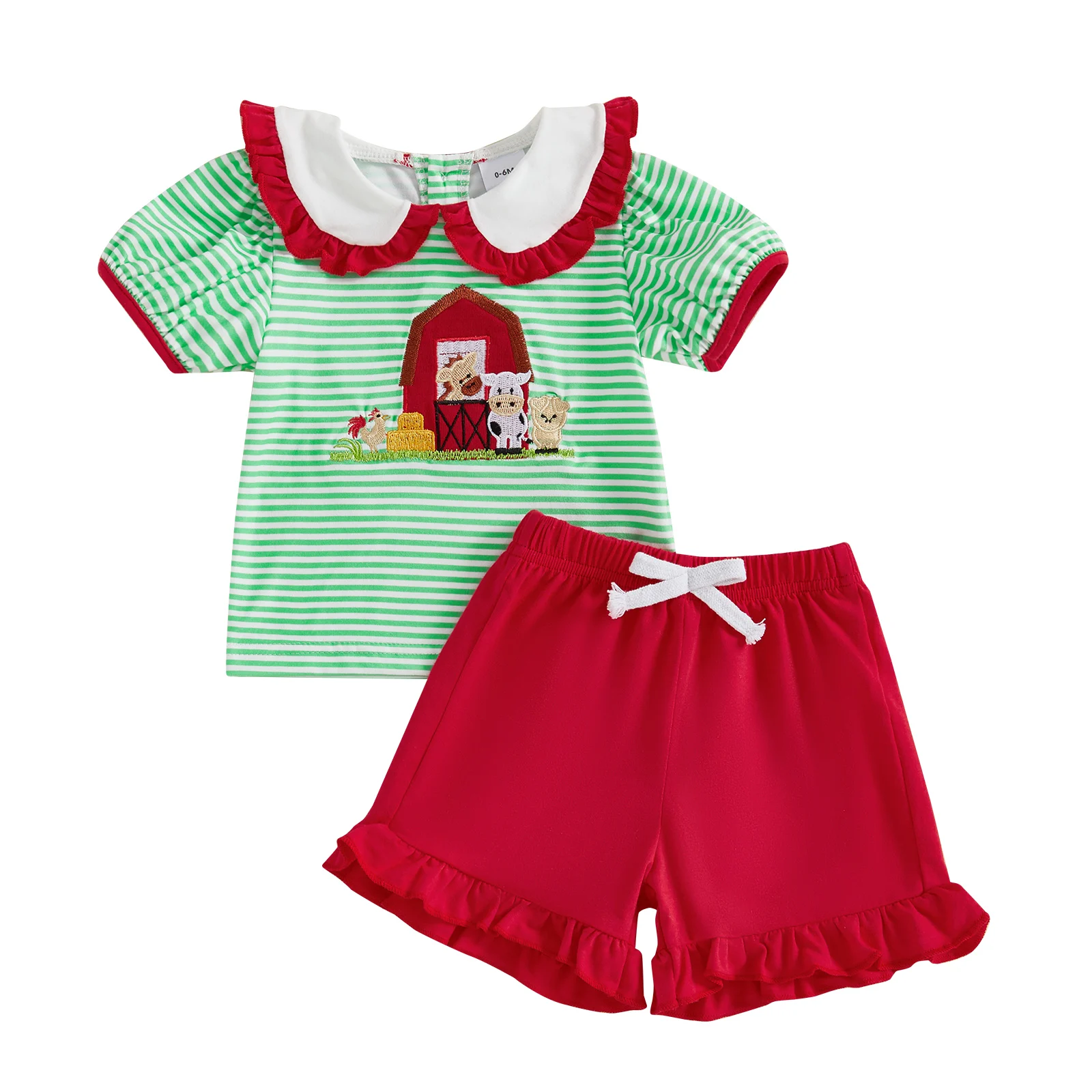 

Toddler Girls 2 Piece Outfits Short Sleeve Doll Collar Striped Tops and Solid Color Shorts Sets