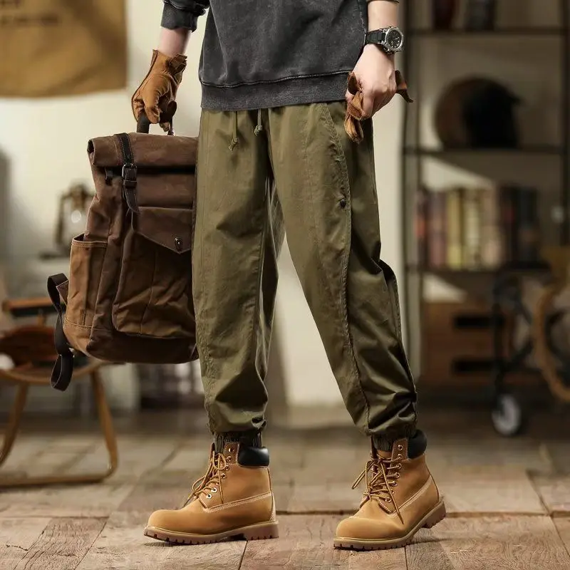 

Мужские рабочие брюки в американском ретро-стиле, функциональные, с пэчворком, свободного кроя, больших размеров, осенние, с манжетами, повседневные брюки-харланы с эластичным поясом