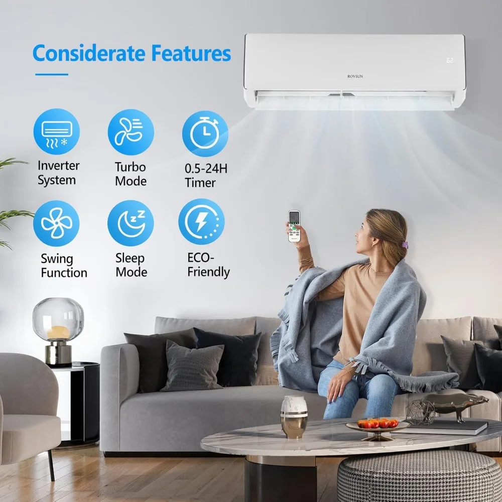 11000 BTU Wifi Enabled Mini Split Air Conditioner & Heater, Inverter Bezkanałowy moduł ścienny AC z wstępnie naładowanym skraplaczem, pompa ciepła