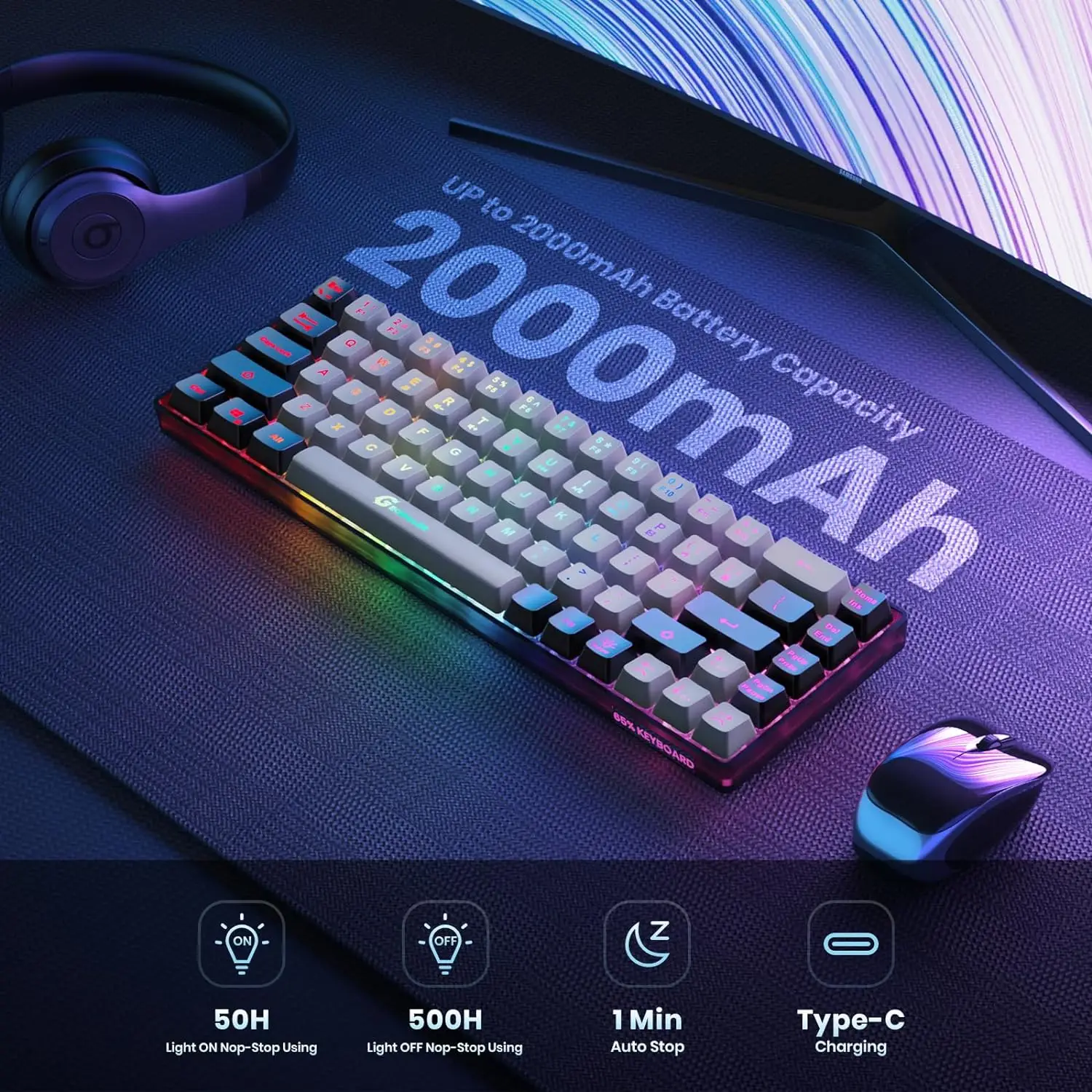Imagem -03 - Teclado sem Fio Geodman-backlit do Jogo 2.4g 68 Chaves Recarregável Anti-ghosting para o pc