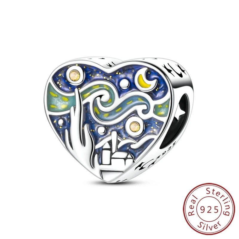 MULA 1PC 925 Silver Van Gogh's Dream Night Light Starry Sky String Charms Fit Original Chain Bracelet DIY Jewelry Gift For Women