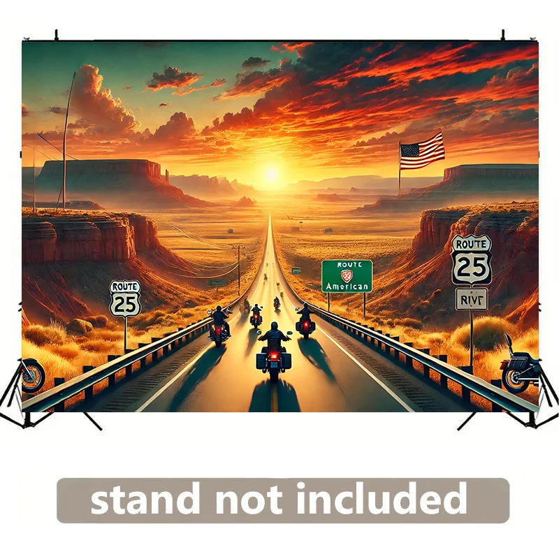 American Highway Tapestry Route 66 Sunset Motorcycles Desert Landscape Road Trip Wall Hanging 2D Flat Print Backdrop for Room
