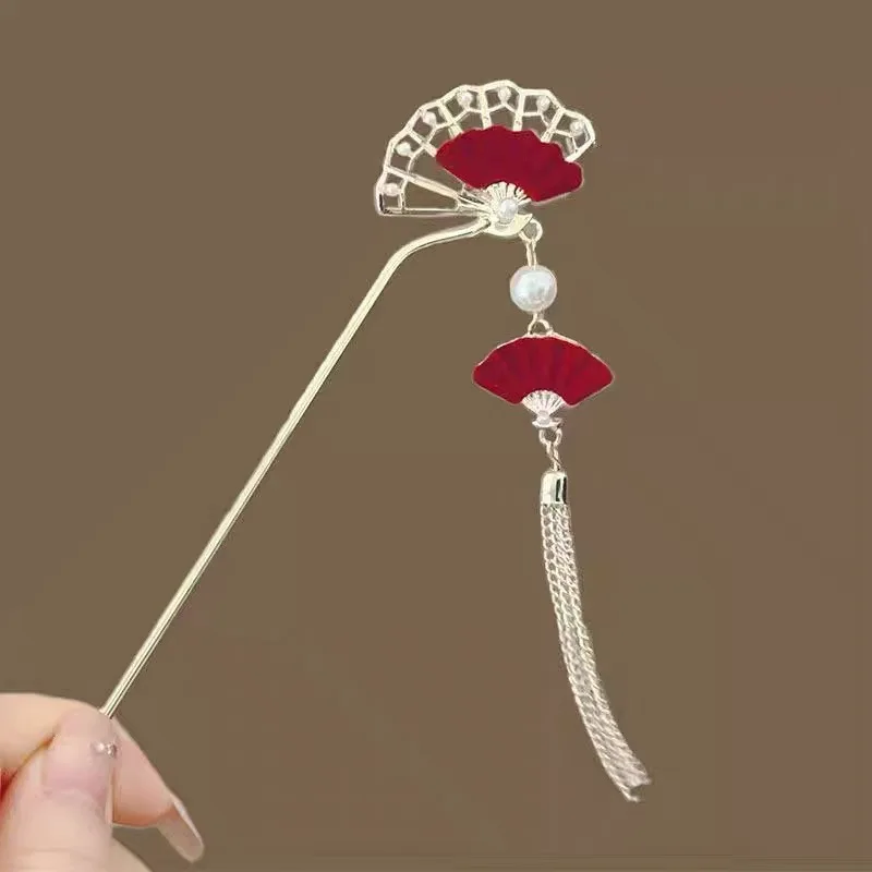 Chinese Red Fan Hairpin – Gold Stick with Tassel, Vintage Hanfu Style Hair Accessory