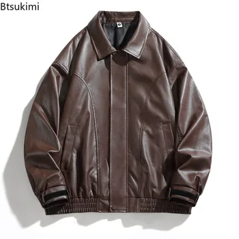 Vintage American Style Men's Leather Jackets High-end Fashion Loose PU Leather Jackets Spring Autumn Casual Coats Man Streetwear 4
