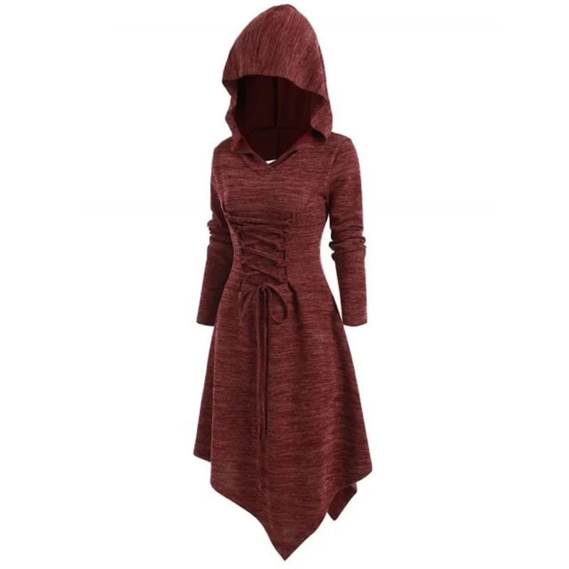 Halloween Renaissance  Medieval Costume Vintage Gothic Witch Elf Costume Hooded  Back Cross Hollow Out Mini Dress Women S-5XL