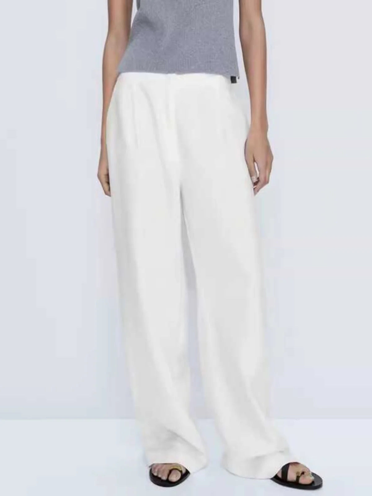Nova primavera verão calças de linho casuais femininas cintura alta fina perna reta calças de viagem ele plissado branco