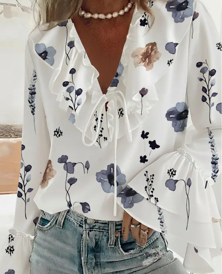 

Loose Women's Chiffon Shirt Spring Elegant Ink Wash Flower Print V-Neck Pleated Edge Splicing Flared Sleeve Design Chiffon Shirt