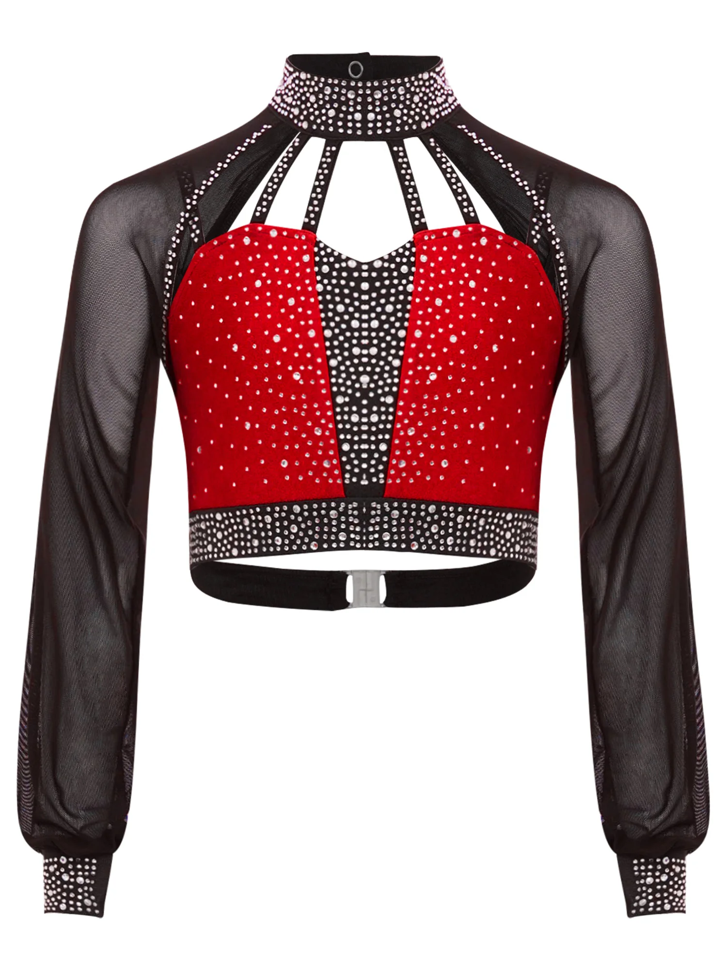 Kids Girls Jersey Gymnastics Dance Outfit Long Sleeves Strappy Shiny Rhinestones Crop Top with Legging Jazz Ballet Dance Costume