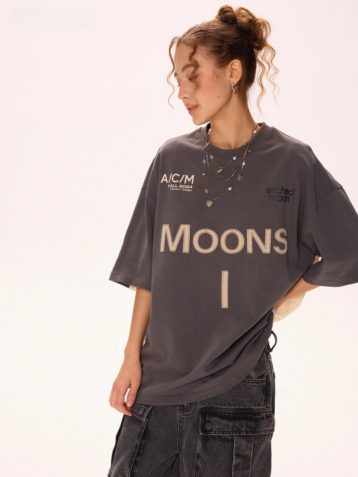 MOKACAKE Grey Embroidered round Neck Short Sleeve T-Shirt Women's Loose American Casual Baseball Style Top Streetwear Cotton
