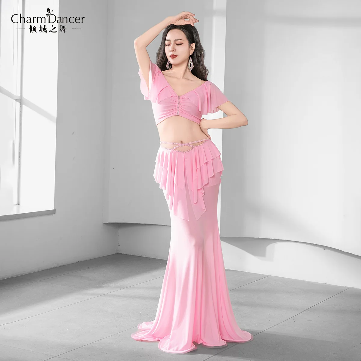 

Belly Dance Practice Clothes Women Short Sleeve Crop Top Long Skirt 2 Piece Set Dancer Stage Performance Wear 2025 Yellow Pink