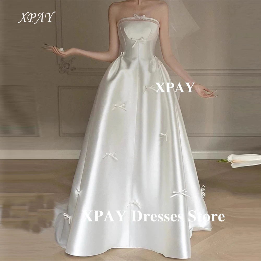 

XPAY Elegant Strapless Ribbons Wedding Dresses Korea Photo shoot Good Quality Satin Bridal Gowns With Veil Free Customized