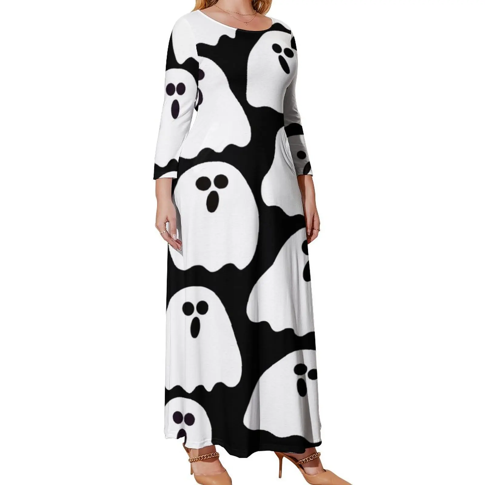 

Halloween Black and White Ghosts Pattern Long Sleeved Dress summer women's dress 2024 summer dresses women 2024 dresses for prom