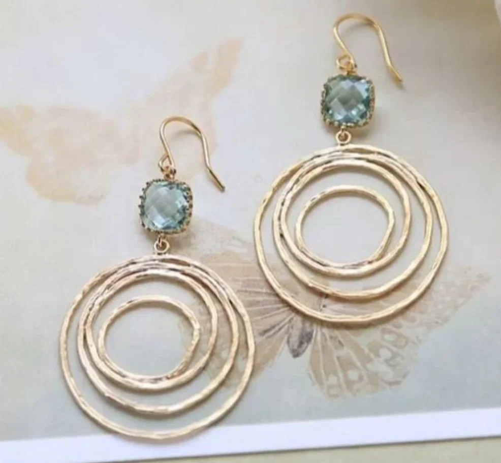 Fashion Gold Color Blue Color Square Stone Hoops Hollow Dangle Earrings for Women Jewelry Female Gift Accessories Custom Jewelry