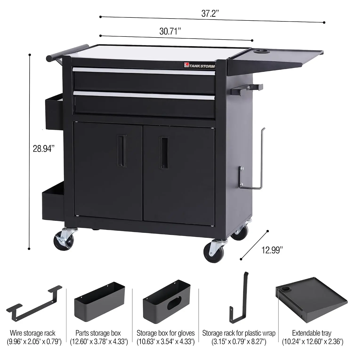 Rolling Tattoo Workstation Cart, 2-Drawer Lockable Utility Cart with Wheels, Metal Rolling Tool Chest with Cabinet & Side Trays,