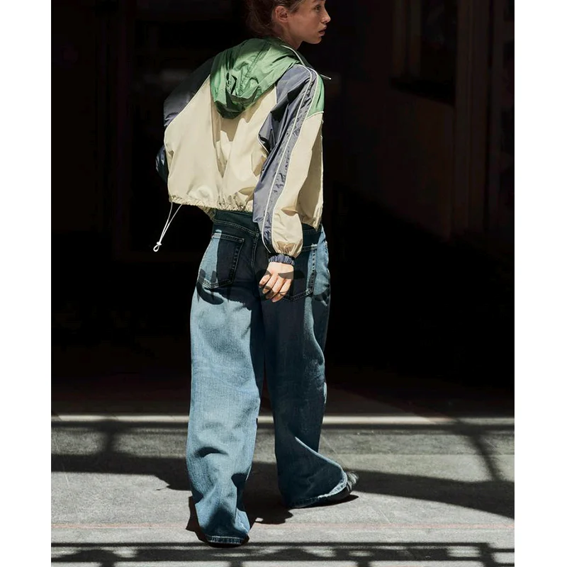 Frühling Damen Hose mit weitem Bein und Farbe Blo Trim Long Sve Stehkragen Jaet Zweiteiliges Set Lange Hose Lässige Sportbekleidung