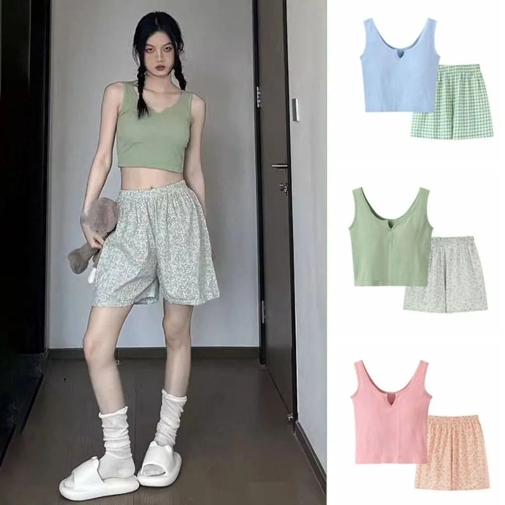 

Ins Style Plaid Floral Striped Pajamas V-neck Sweet Flower Pajama Sets Home Clothes Sleeveless Shorts Camisole Suit Girl