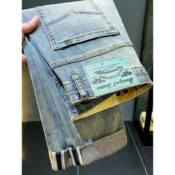 New high quality thin denim MEN'S American casual fashion brand straight fit elastic wadded blue versatile denim pants