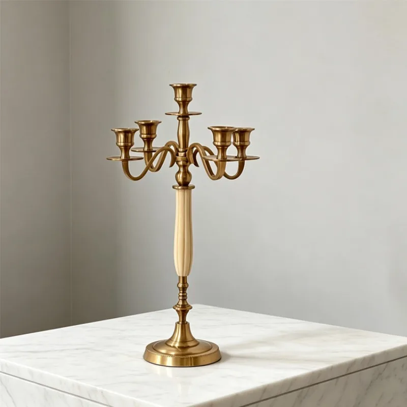 Wabi-sabi wind medieval brass five-headed candlestick, art style model room, living room entrance home niche soft decoration