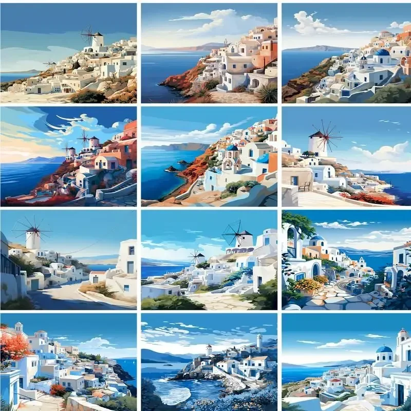 

122932 Painting By Numbers Santorini Landscape For Adults Kids Wall Art Paint Kit Diy Gift Home Decors Handmade