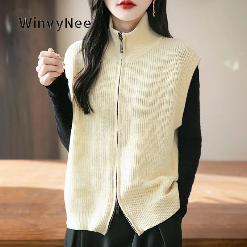 WinvyNee Women Ribbed Texture Knitted Vest 100% Cotton Stand Collar Sleeveless Waistcoat Autumn Winter Soft Warm Basic ZC1892002