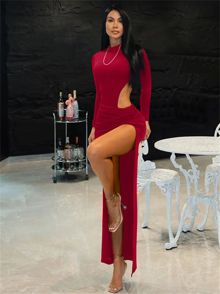 Simenual Elegant Fashion Solid Hem Split Maxi Dress Women Party Gown Hot Sexy Hollow Out Pleat Bodycon Dresses Autumn Clubwear