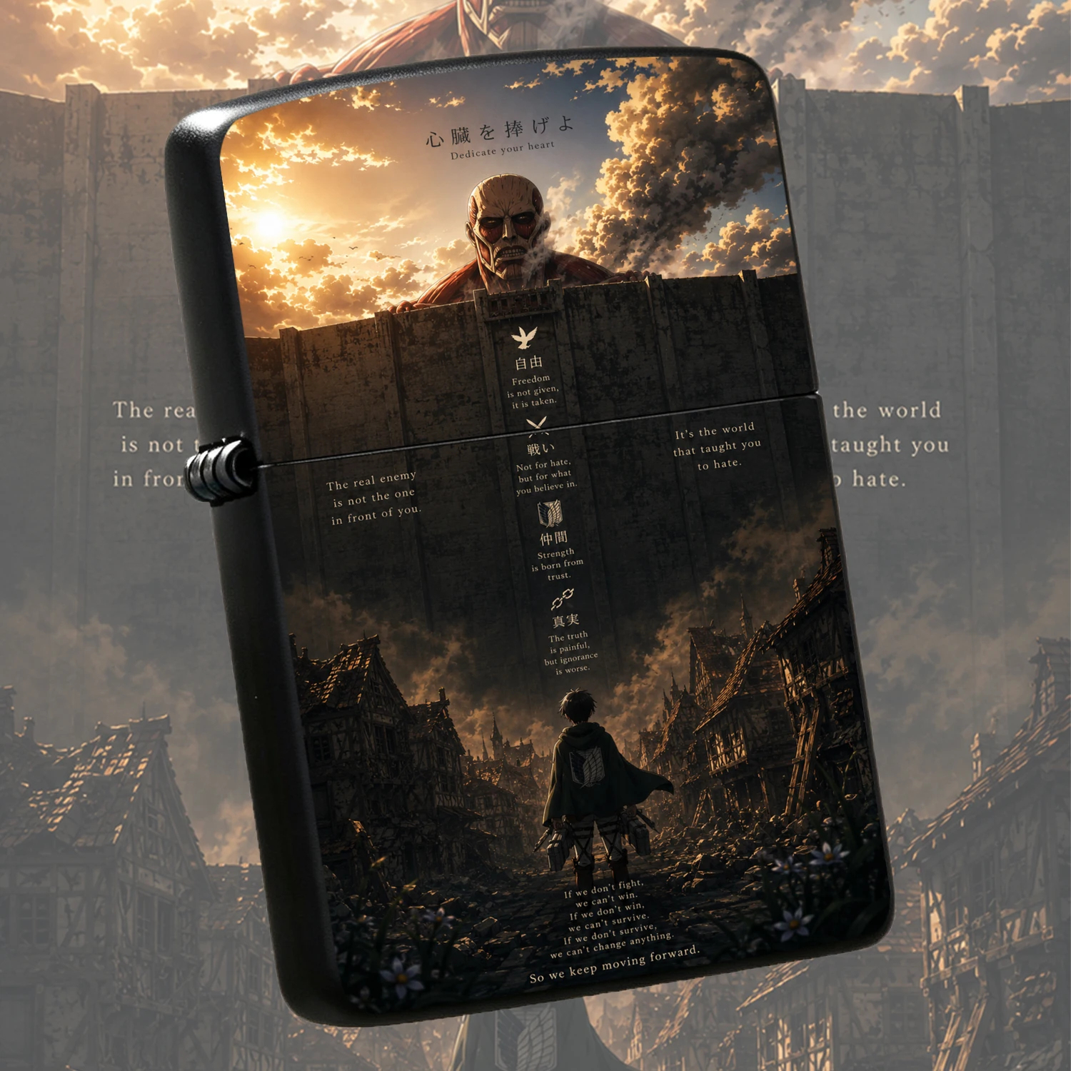 Attack on Titan Themed Lighter, Classic Anime Peripheral with Classic Quotes Like Dedicate Your Heart, Freedom Is Taken, The Colossal Titan Over Wall Maria Scene, Exquisite Collectible Accessory for Anime Fans, Ideal Daily Use or Memorial
