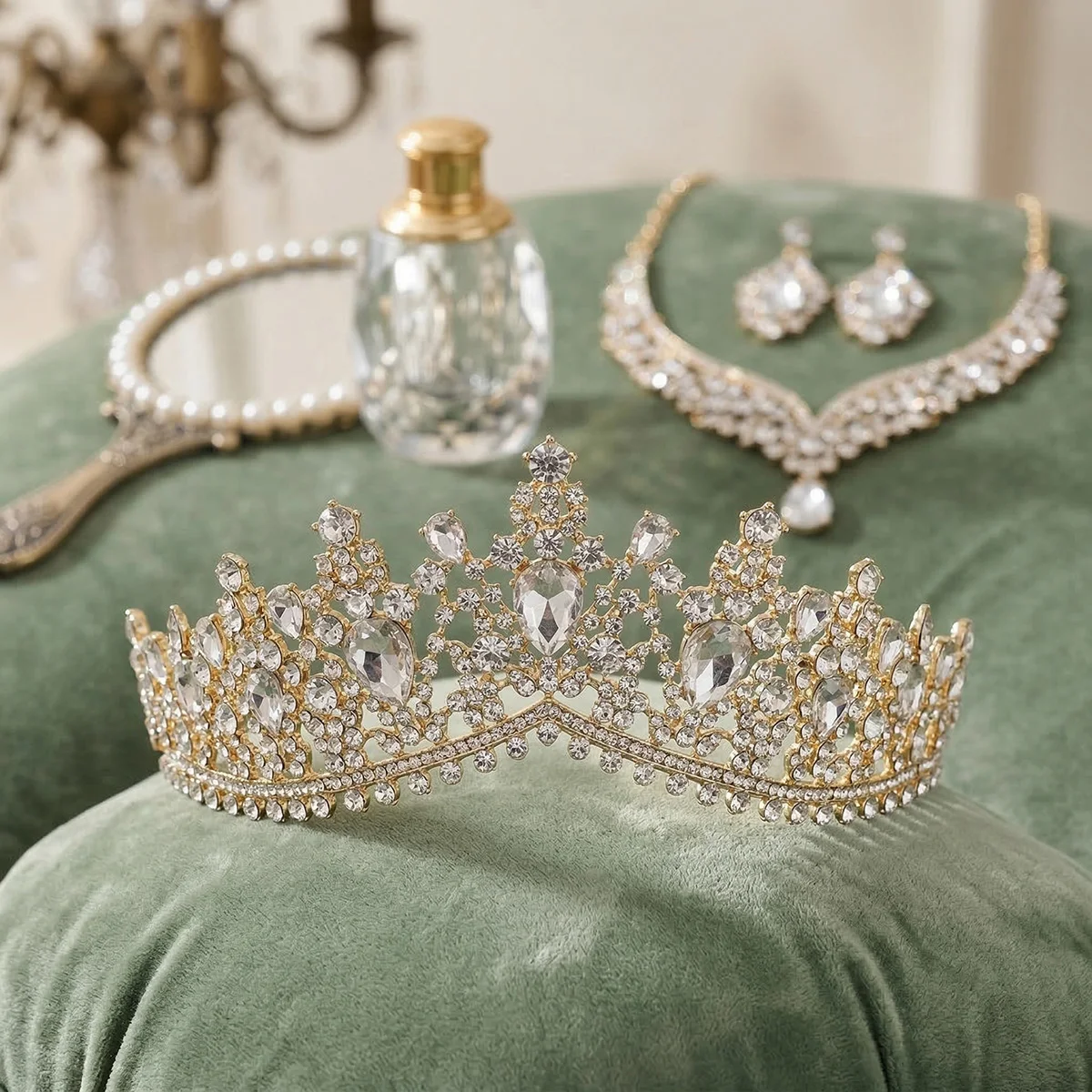 

3PC/Set Luxury Gold Crystal Bridal Jewelry Sets Queen Tiara Crown Teardrop Necklace Earrings Set for Women Pageant Quinceanera