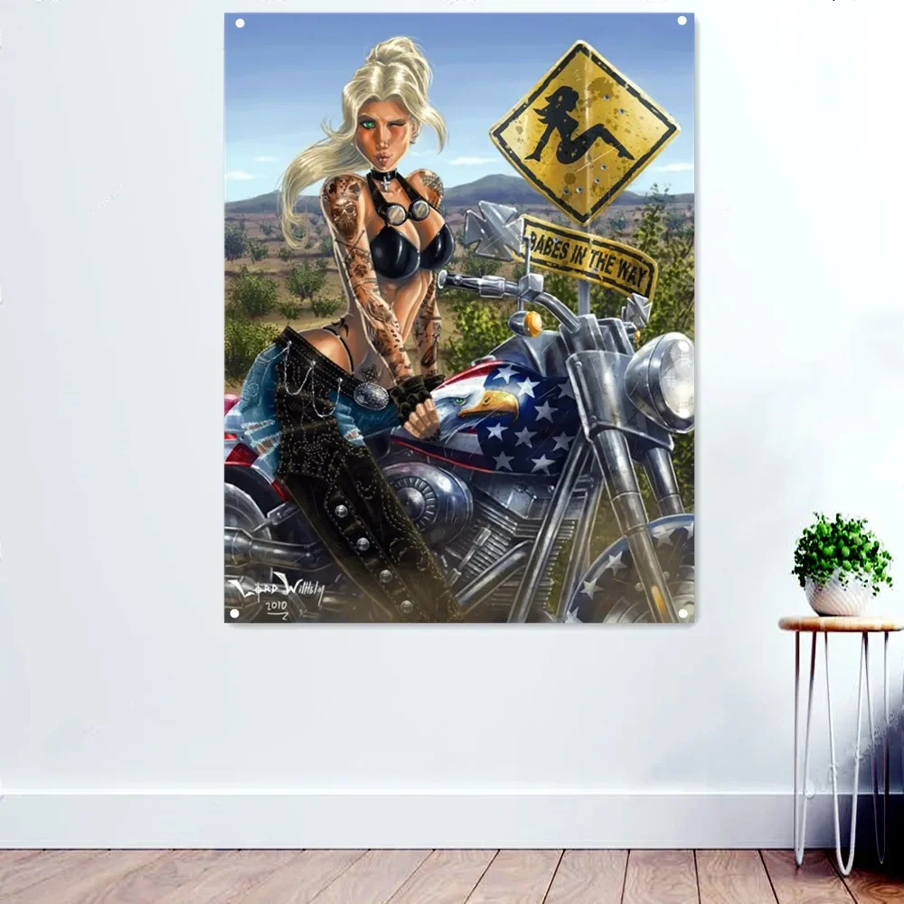 BABES IN THE WAY Motorcycle Art Posters Prints Wall Hanging Flag Wall Decorative Banner for Home Pub Club Bar Room Garage Decor