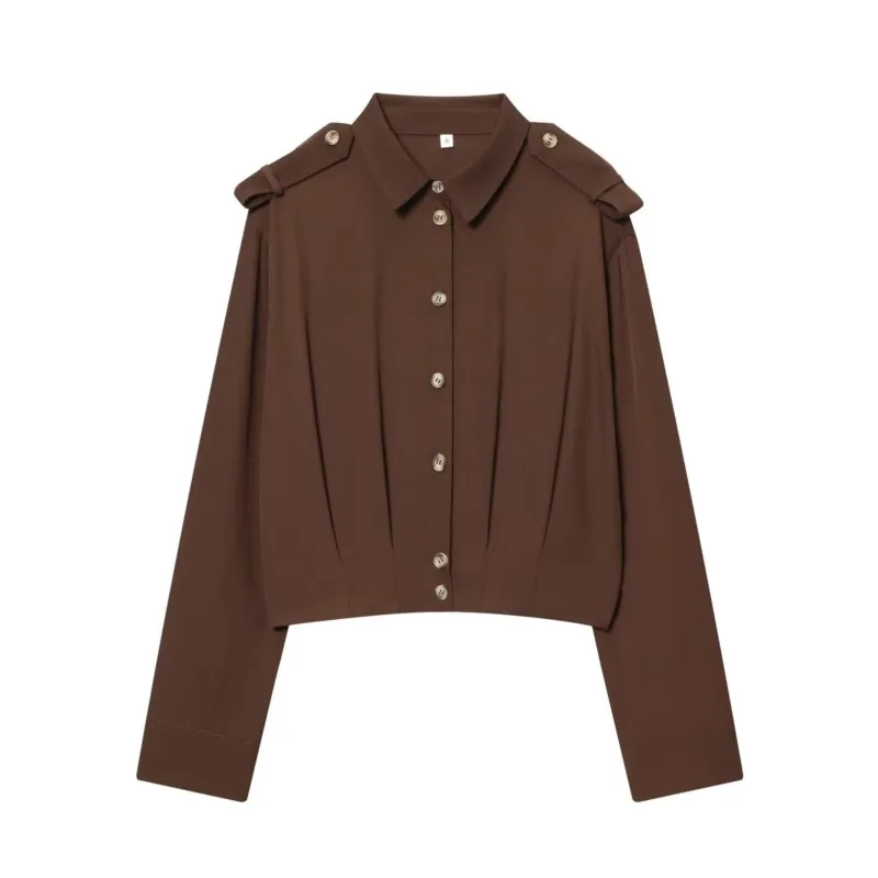 المرأة بدوره إلى أسفل طوق قميص بأكمام طويلة الخريف حزام الكتف الزينة أضعاف الحاشية الأمامية زر عادية الإناث القمم