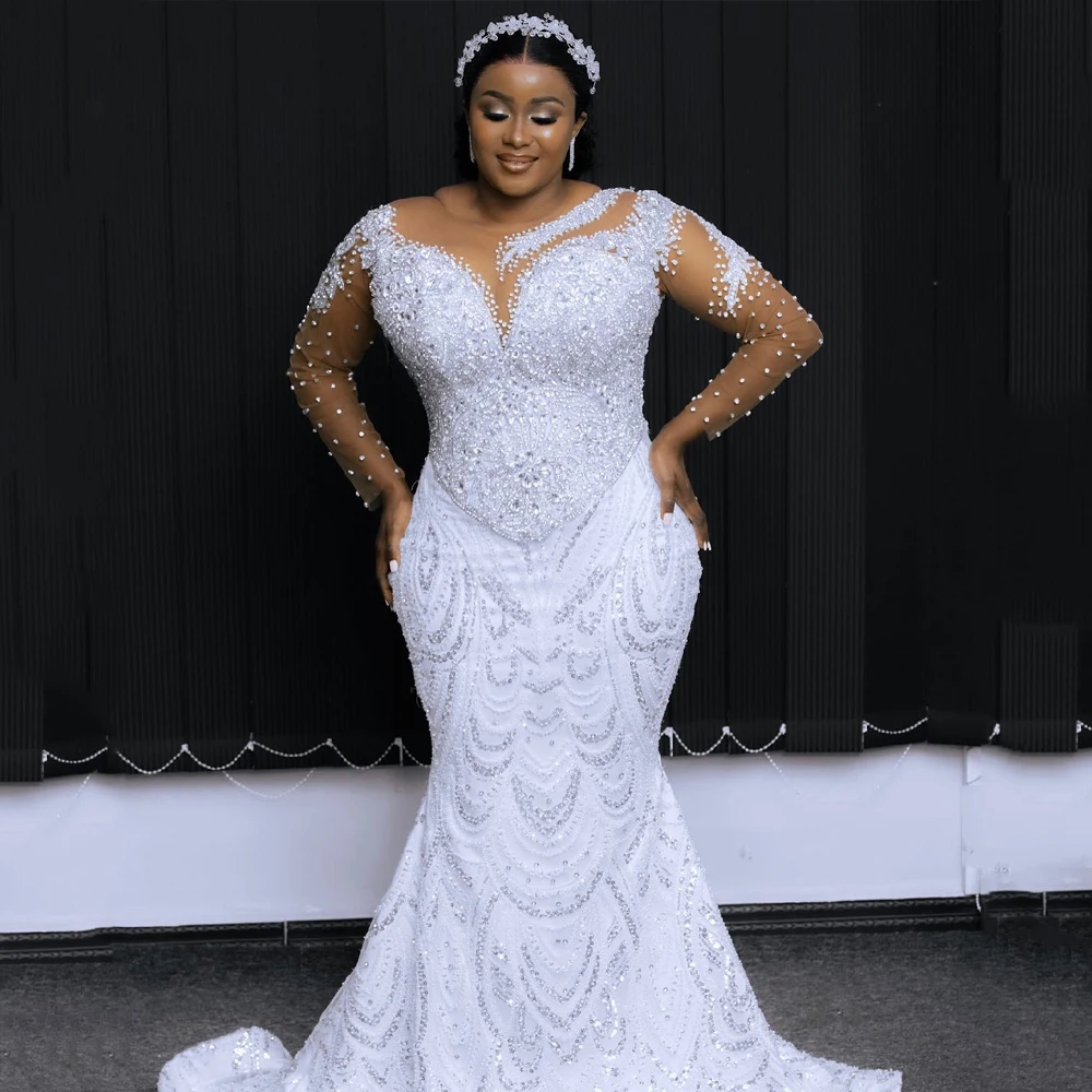 

African Mermaid Wedding Dress Women Illusion Full Sleeves Beaded Satin Crystal Luxury Bride Gowns vestidos de novia Customized