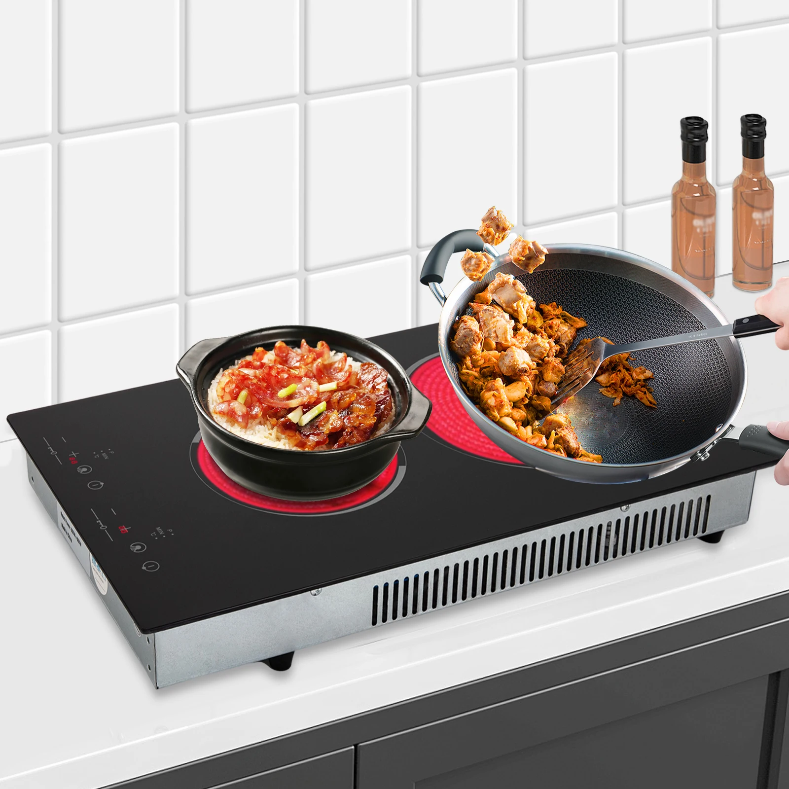 

Electric Ceramic Cooktop with Plug, 2 Burners Electric Stove 110V