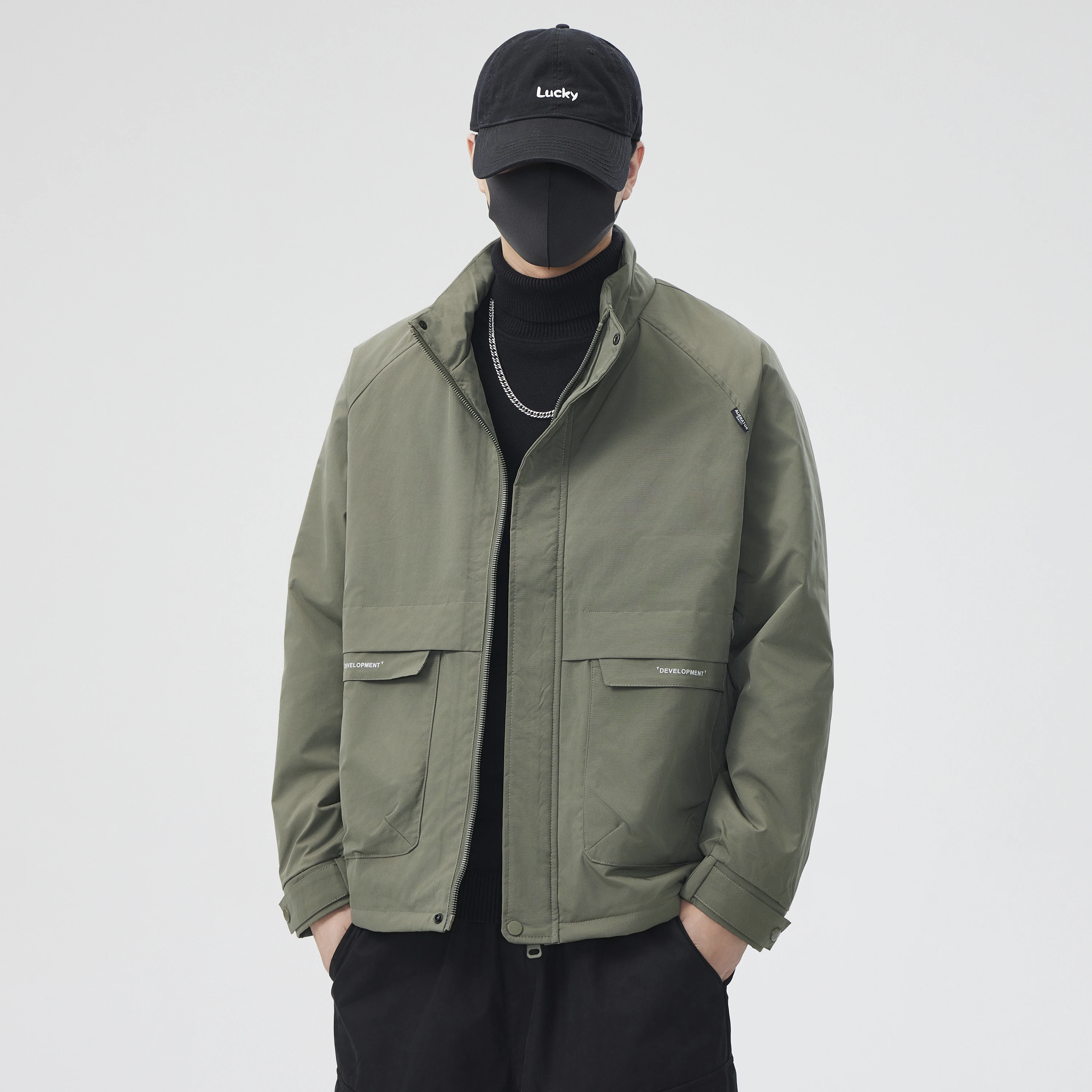 

Men's Casual Thiened Stand Collar Jaet Spring Autumn Winter New Faion Warm Cotton Workwear Coat Youth Polyester Fiber